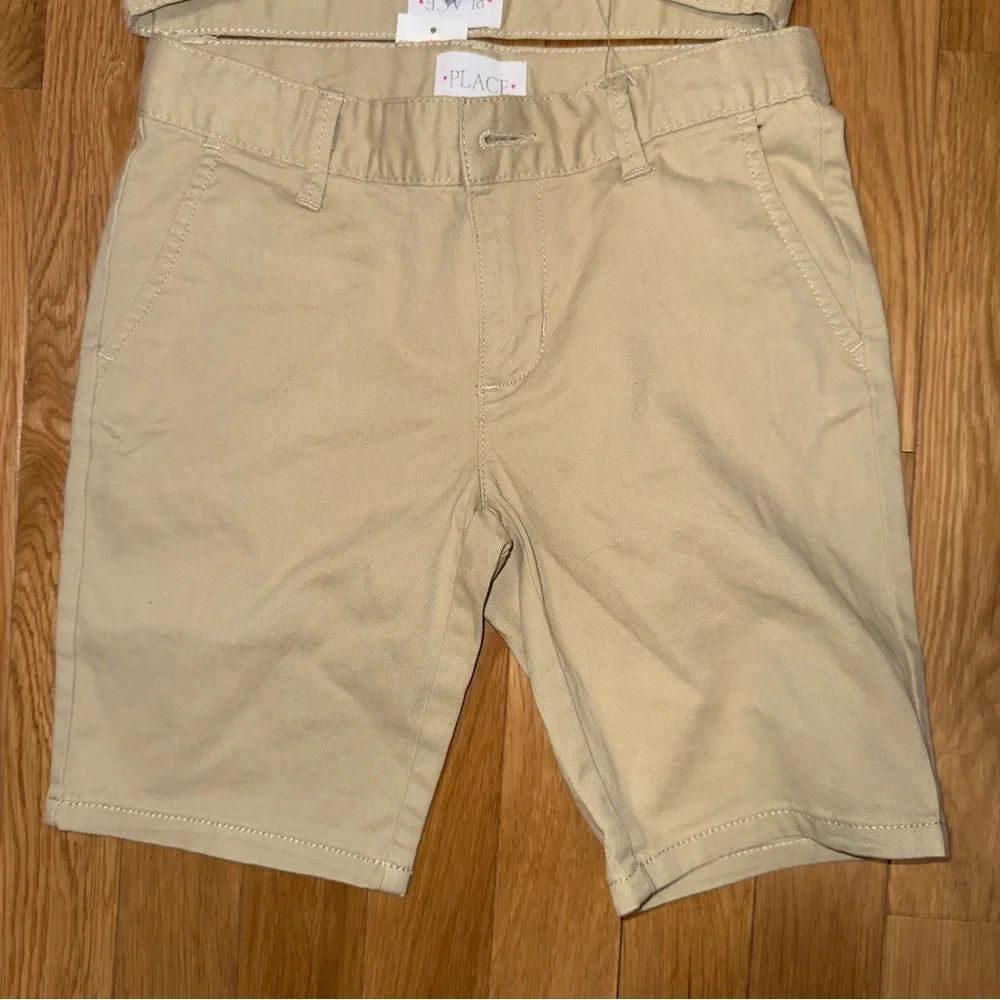 2- Childrens Place Chino Shorts. Size 6X/7. Girls Uniform Khaki Tan. Set of 2.